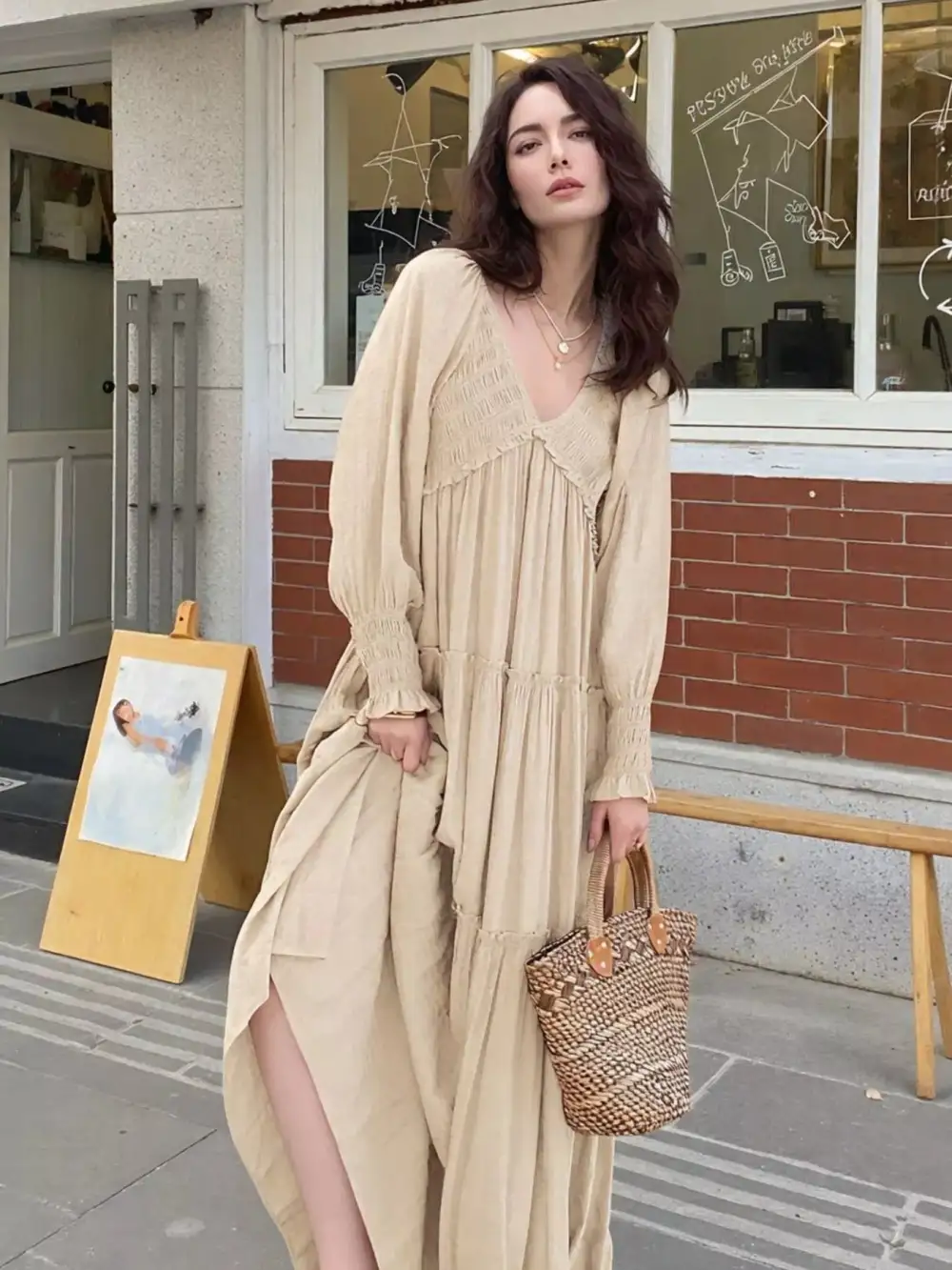 V Neck Tiered Long Sleeve Maxi Dress