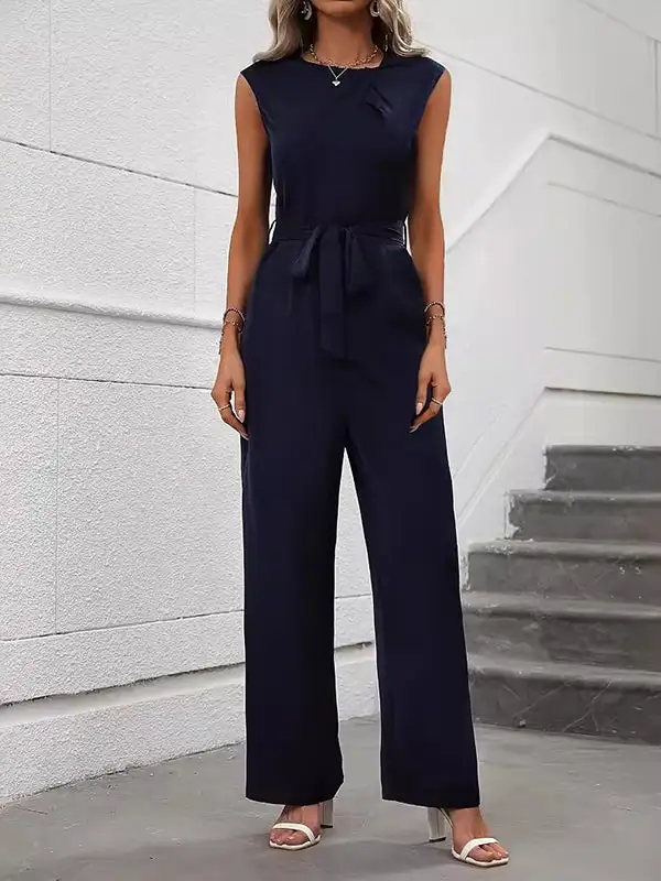 Losse Mouwloze Effen Kleur Split Joint Gebonden Taille