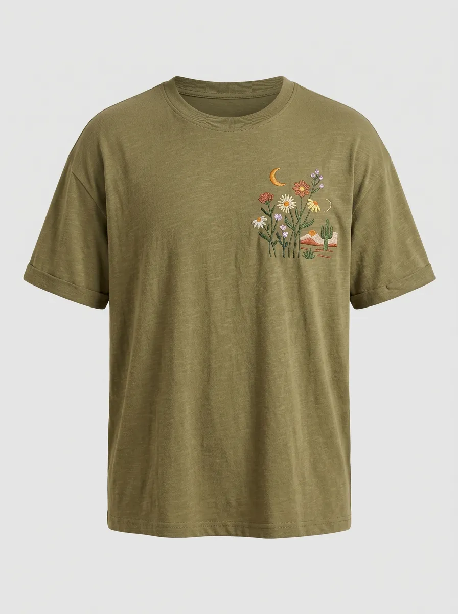Unisex Boho Nature Lover Moon Cactus Floral Embroidered T-shirt