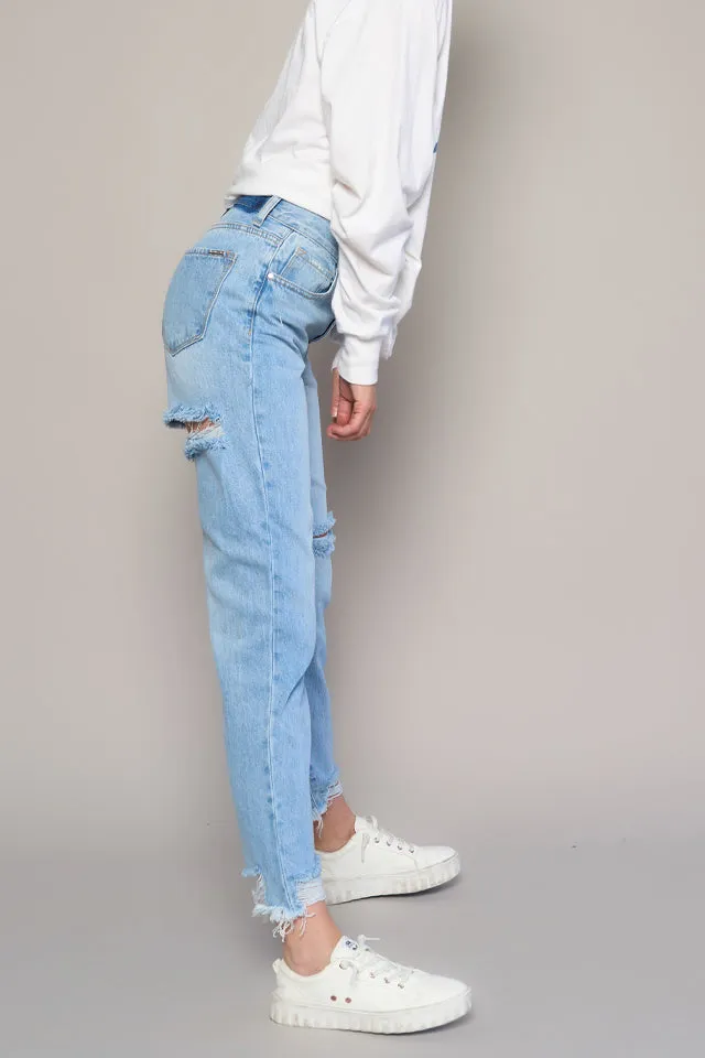 Women's High Waist Frayed Hem Distressed Girlfriend Rigid Denim Jeans