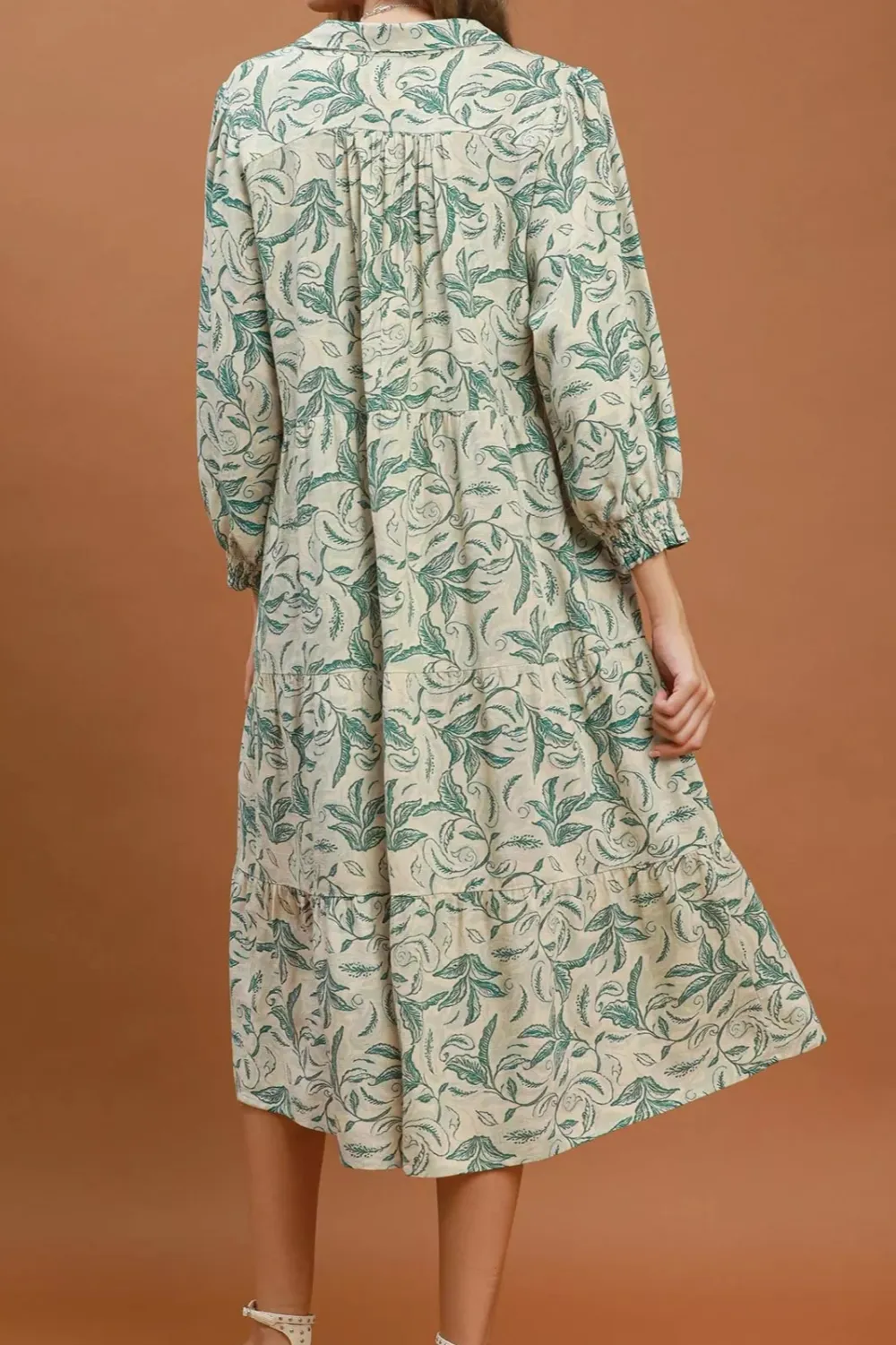 Linen Botanical Print Tiered Midi Dress