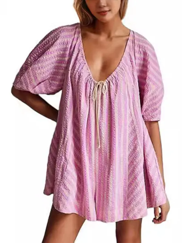 Short Sleeved Striped Jumpsuit Slim Loose Shorts