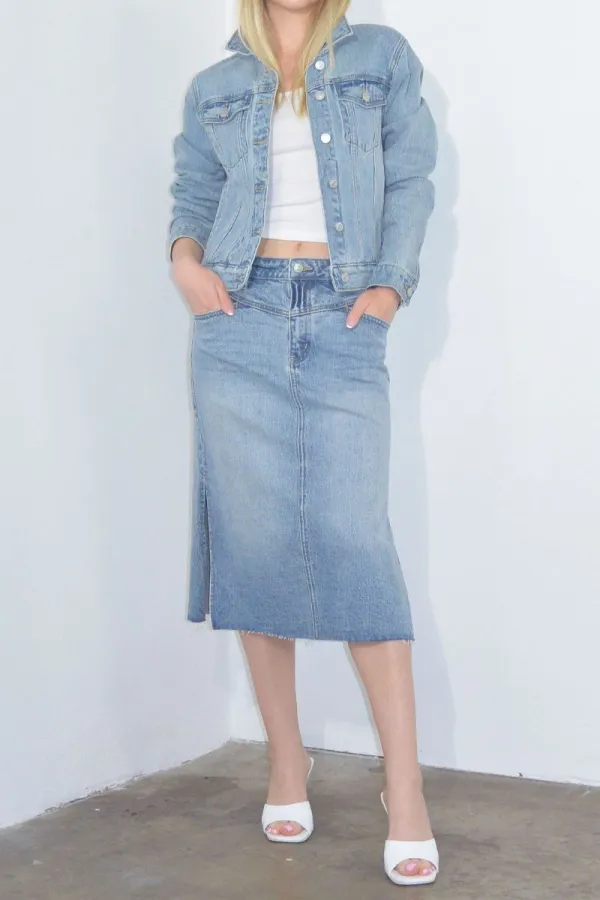 Stretch Slit Detail Denim Midi Skirt