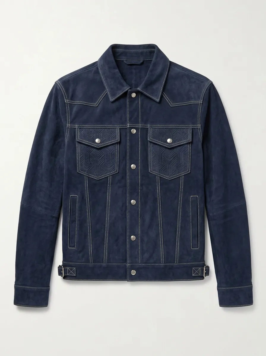 Men's Navy Suede Geometric Embossed Western Jacket