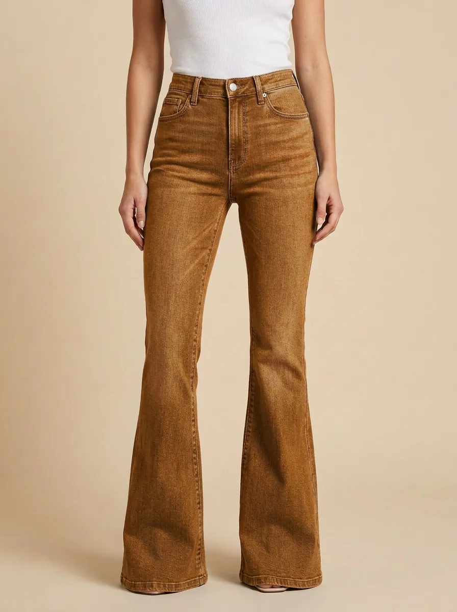 Women's High-Waisted Denim Flare High-Rise Waist Standard Button Jeans