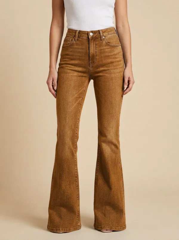 Women's High-Waisted Denim Flare High-Rise Waist Standard Button Jeans