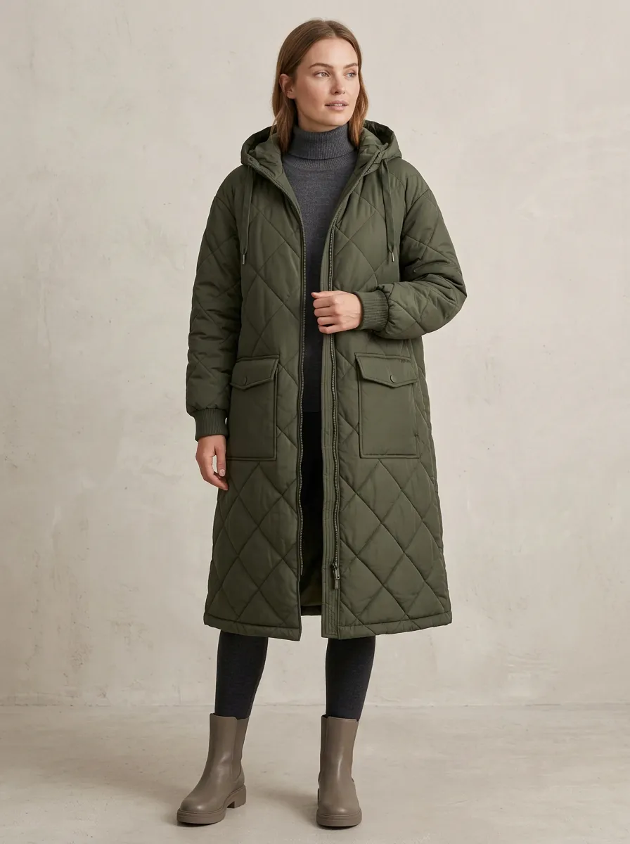Daily-Layer Quilted Long Hooded Coat