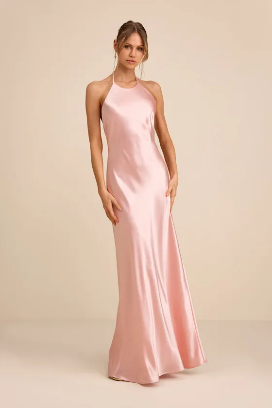 Magnificence Blue Satin Backless Halter Maxi Dress