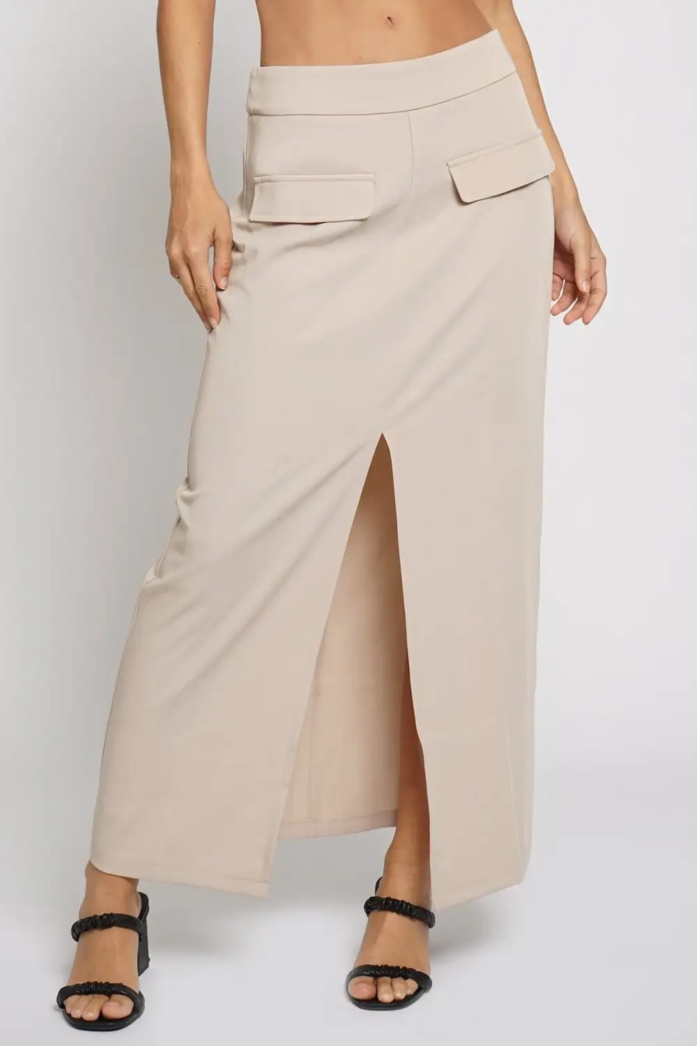 Front Slit Maxi Skirt With Pocket Flaps