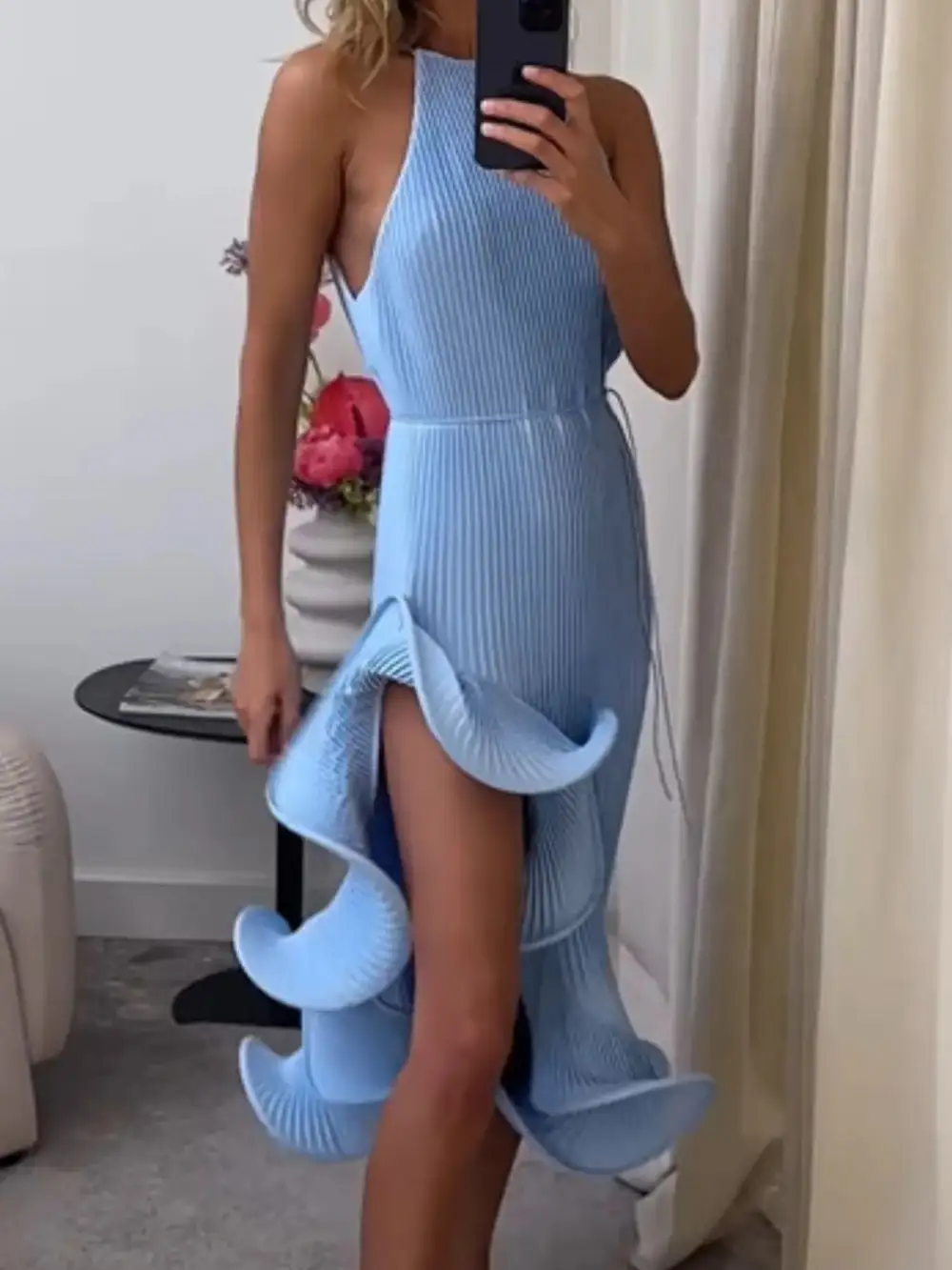Ribbed Ruffle Sleeveless Dress Casual