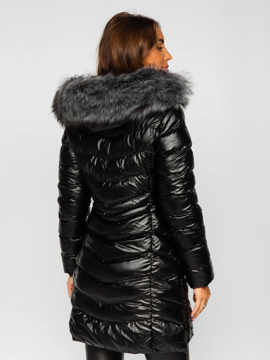 black women's long quilted winter jacket with hood