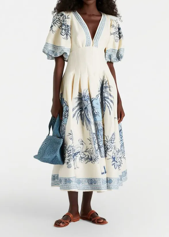 Elegant V Neck Puff Sleeve Toile Midi Dress