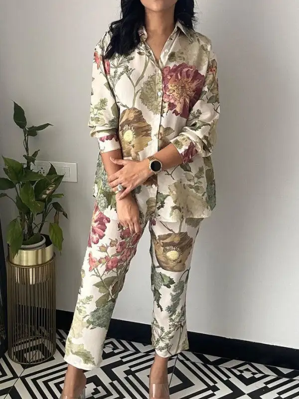 Long Sleeve Buttoned Floral Print Blouse And Pants Set