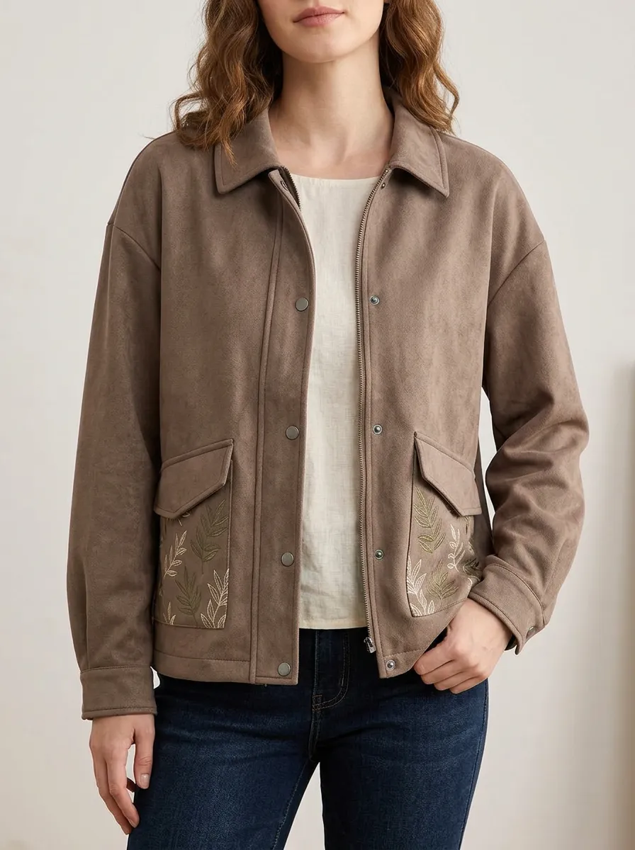 Women's Botanical Leaf Embroidered Suede Jacket