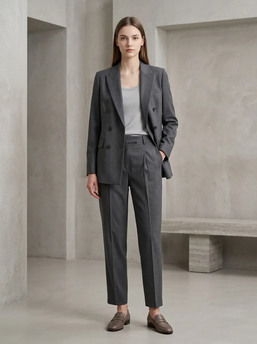 Women's Straight Leg Business Professional Grey Double-Breasted Blazer Trouser Suit Set