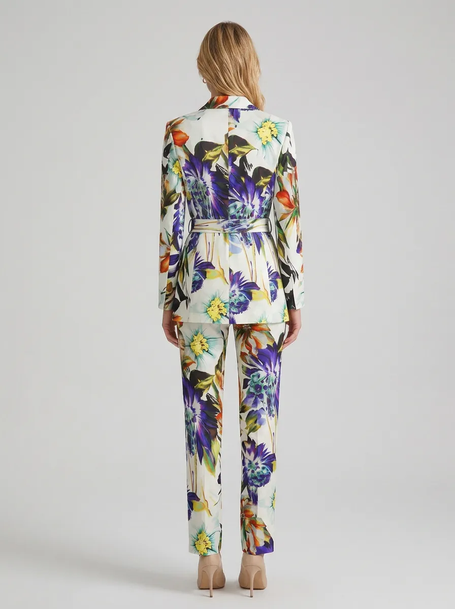 Women's Floral Botanical Art Printed Belted Blazer Jacket