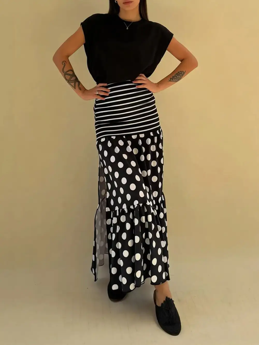 Polka Dot Striped Slit Maxi Skirt