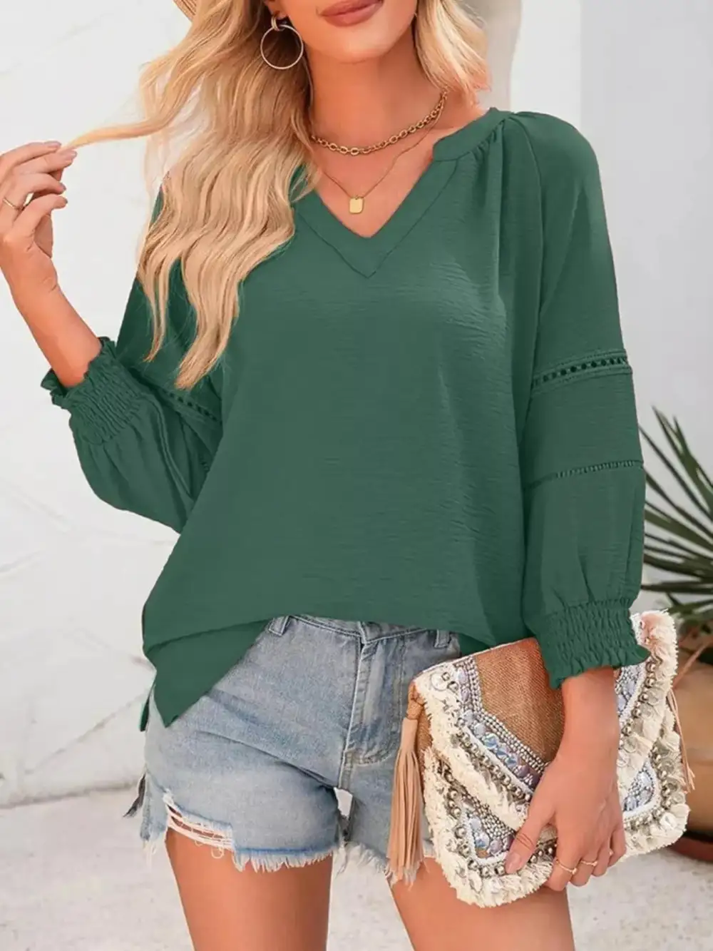 Smocked Long Sleeve Blouse