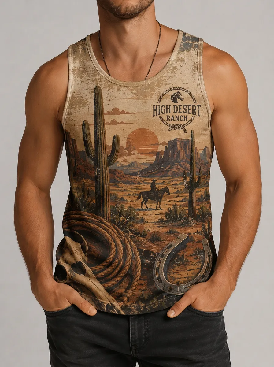 Men's Western Cowboy High Desert Ranch Printed Tank Top