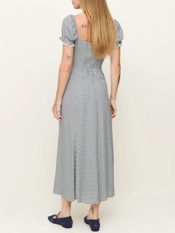 Gingham Puff Sleeve V Neck Maxi Dress