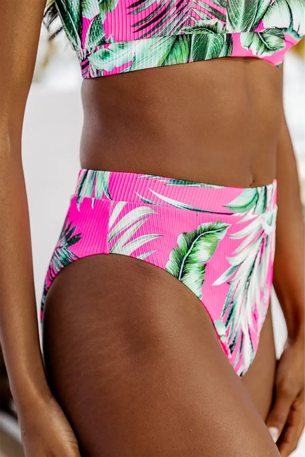 Tropical Print Textured Bottoms Bikini Bottom Pants