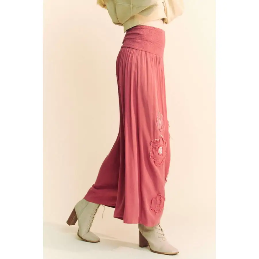 Smocked Waist Flower Patch Wide Leg Pants