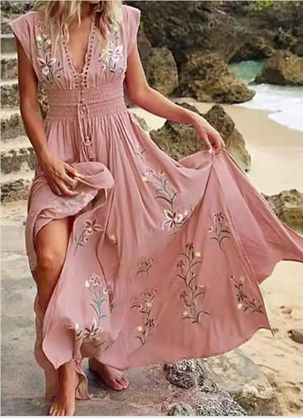 Summer Women's V-neck French Beach Bohemian Printed Dress