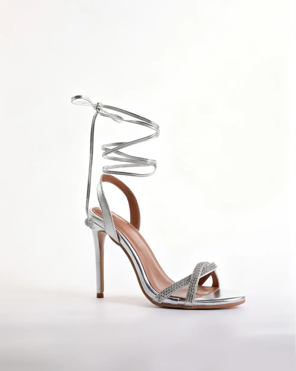 Rhinestone Lace Up Sandals in Silver