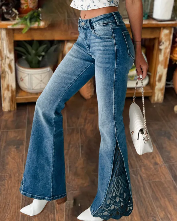 Mid Rise Crochet Flared Jeans