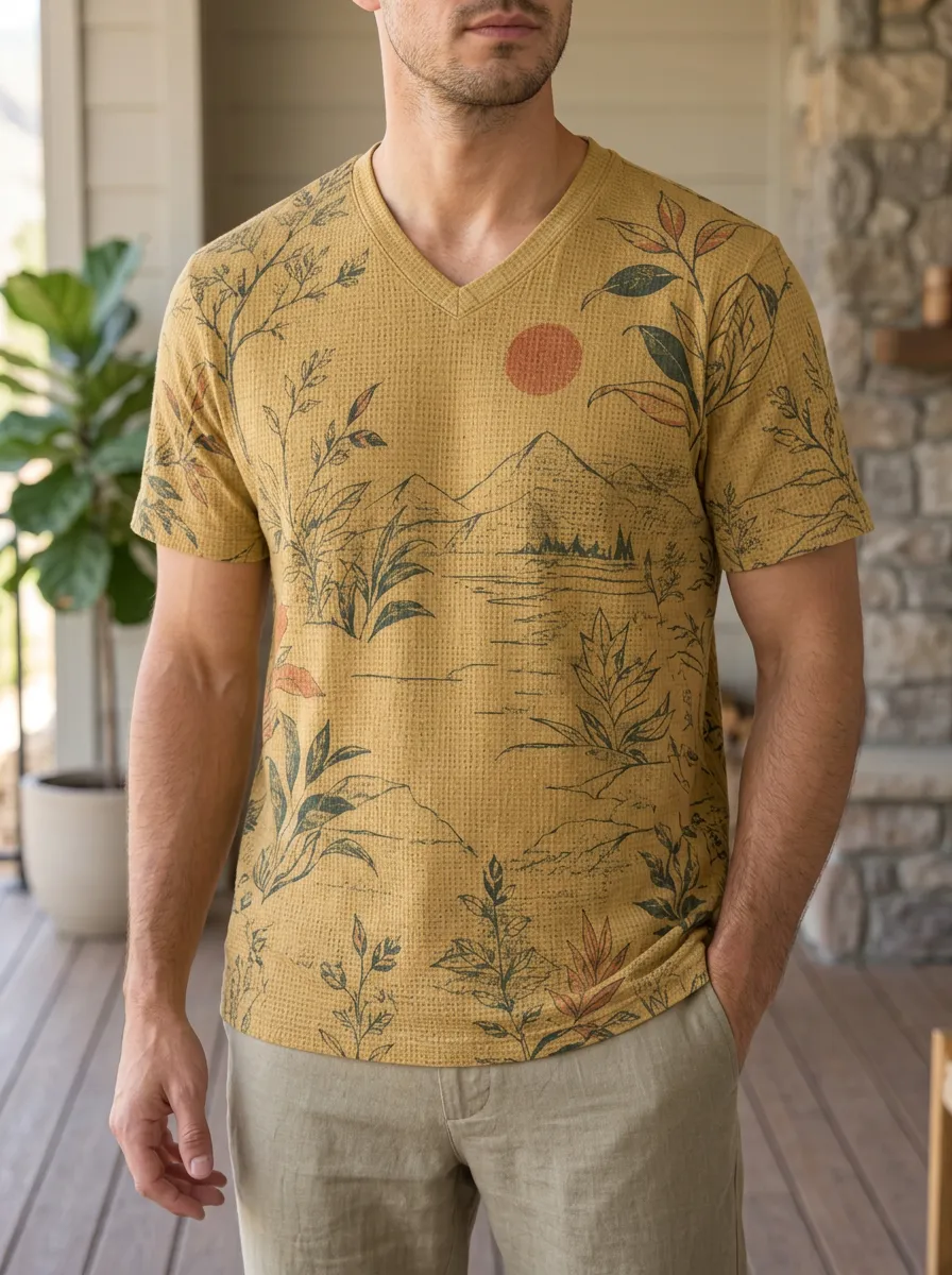 Men's Nature Landscape Mountain Sun Printed V-Neck T-Shirt