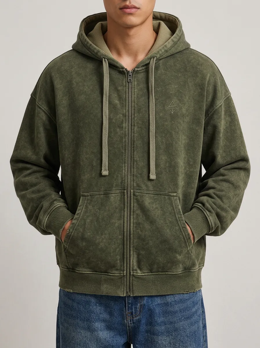 Men's Olive Acid Wash Geometric Logo Embroidered Zip Up Hoodie