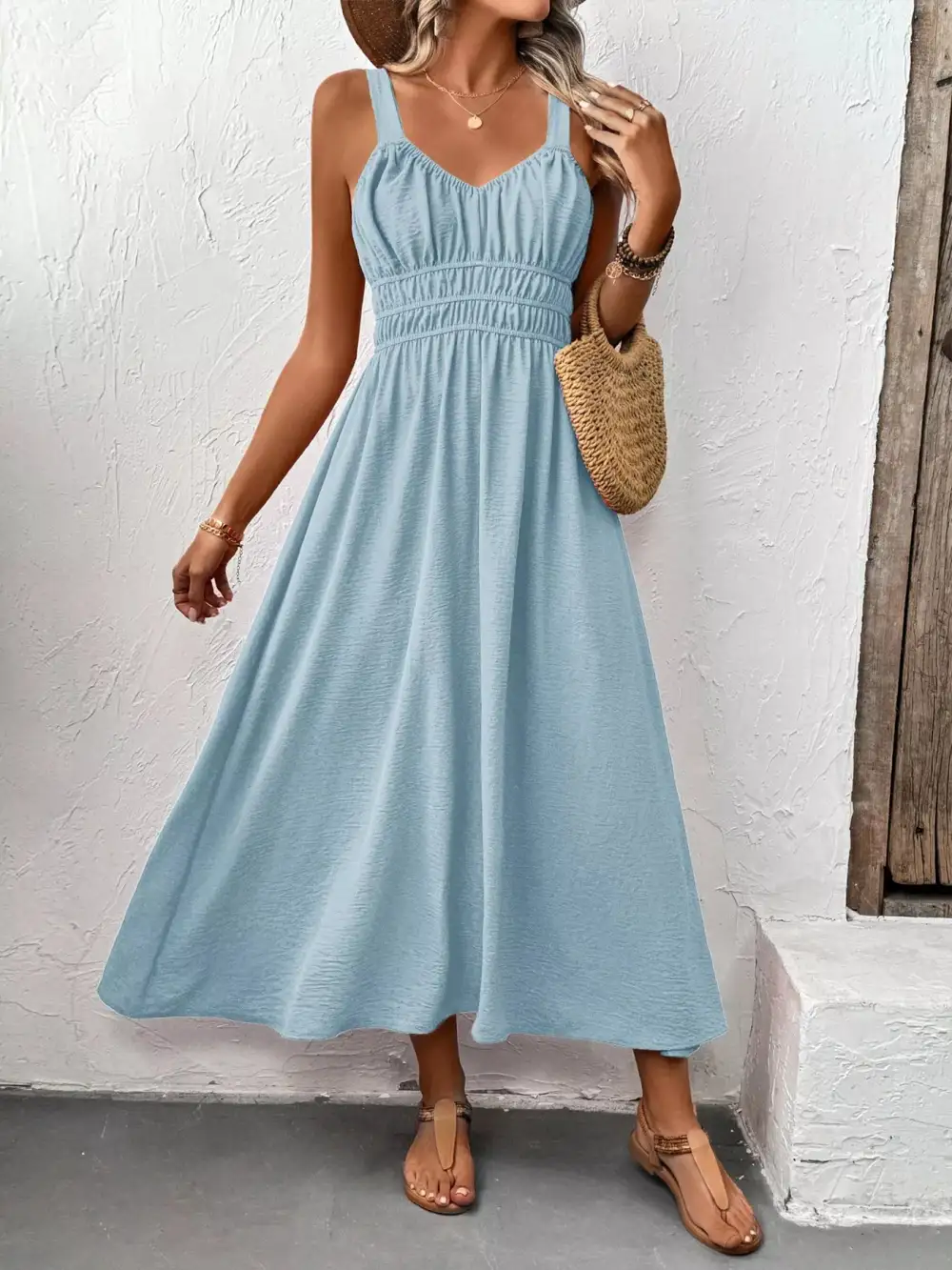Smocked Sleeveless Midi Dress