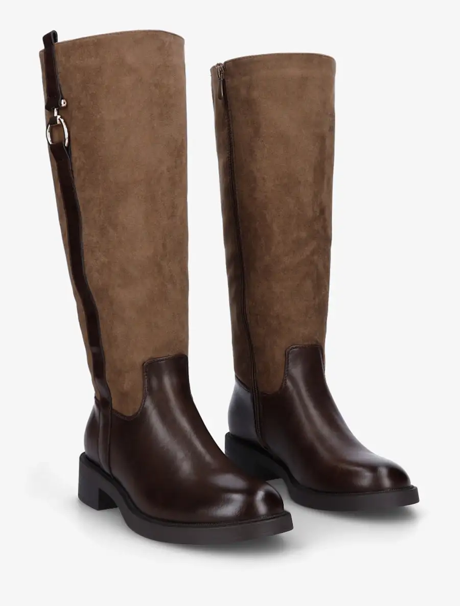 Classic Riding Buckle Detail Block Heel Faux Suede Knee High Boots