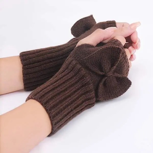 Women'S Bowknot Knitted Wool Warm Fingerless Gloves 12539938C