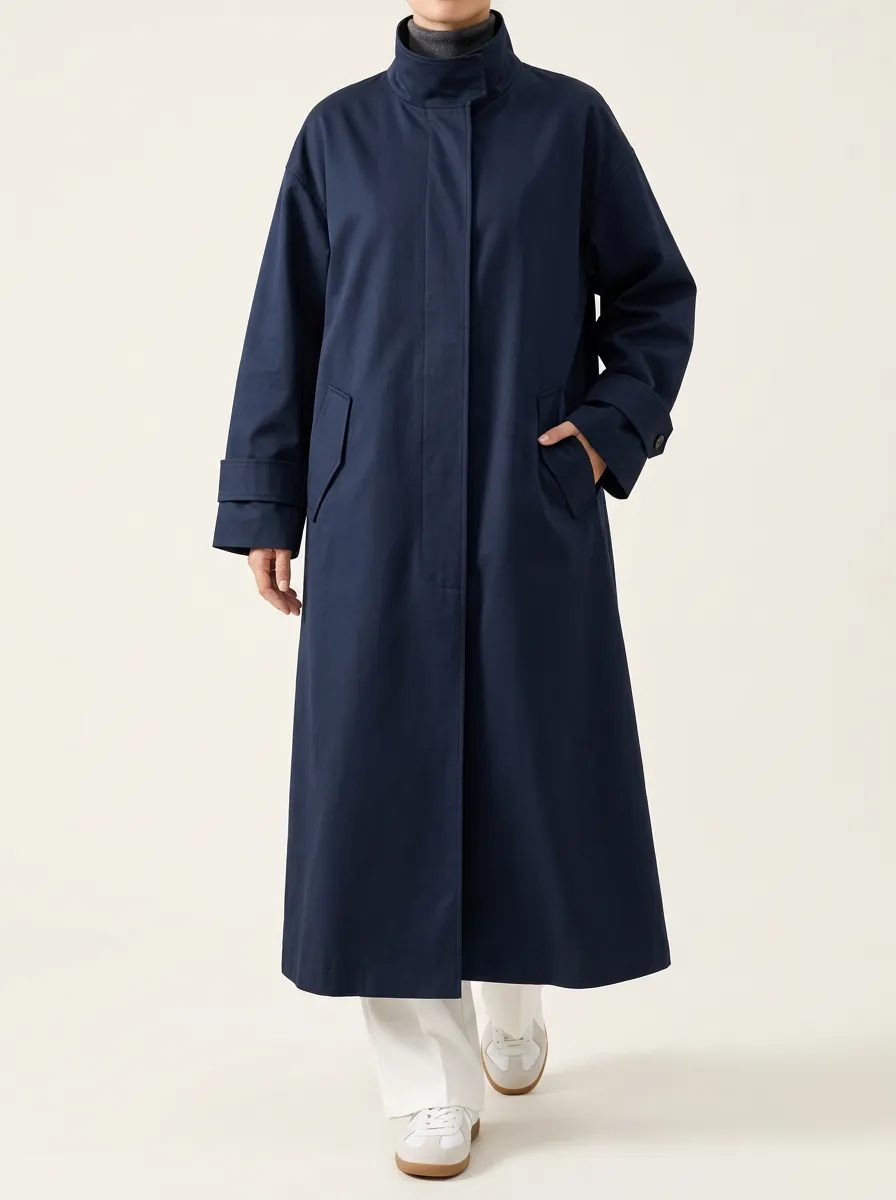 Women's Long Navy Blue Trench Coat with flap pockets