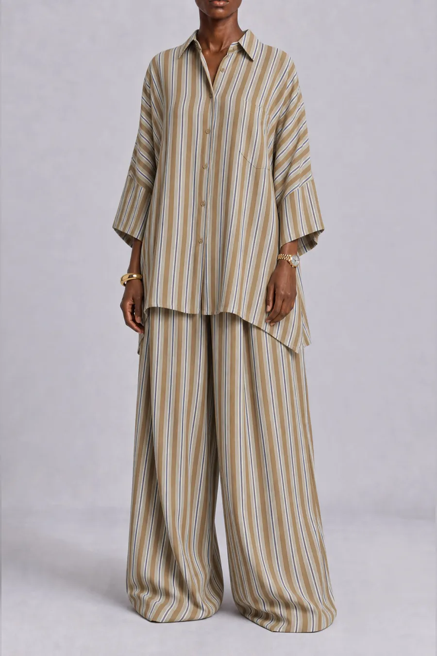 Wide Leg Button Front Striped Matching Set
