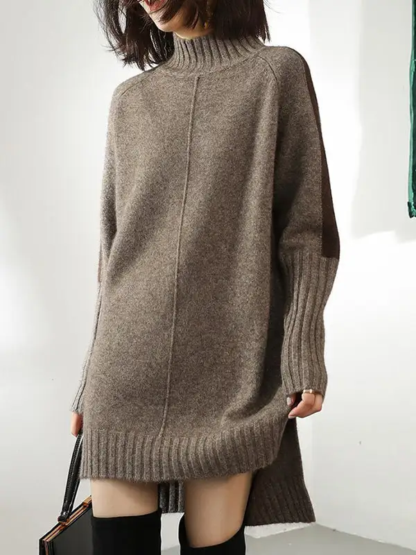Relaxed Long Sleeve Contrast Color Half Turtleneck Sweater Dress