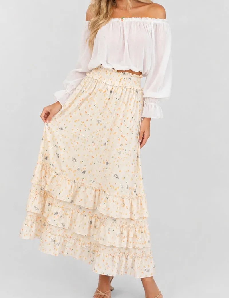 Tiered Ruffle Smocked Waist Maxi Skirt