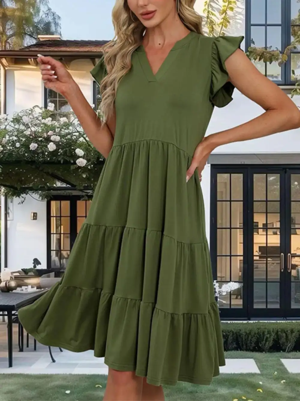 Ruffle Ruffle Sleeve Tiered Midi Dress