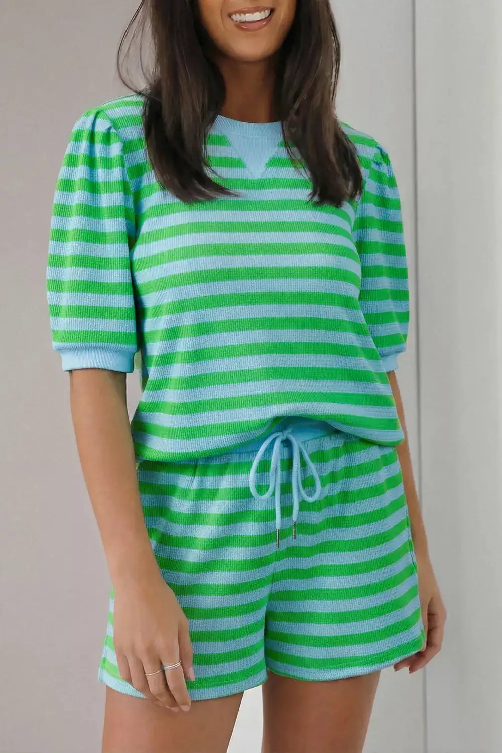 Drawstring Pocketed Striped Colorblock Two-Piece Top and Shorts Set