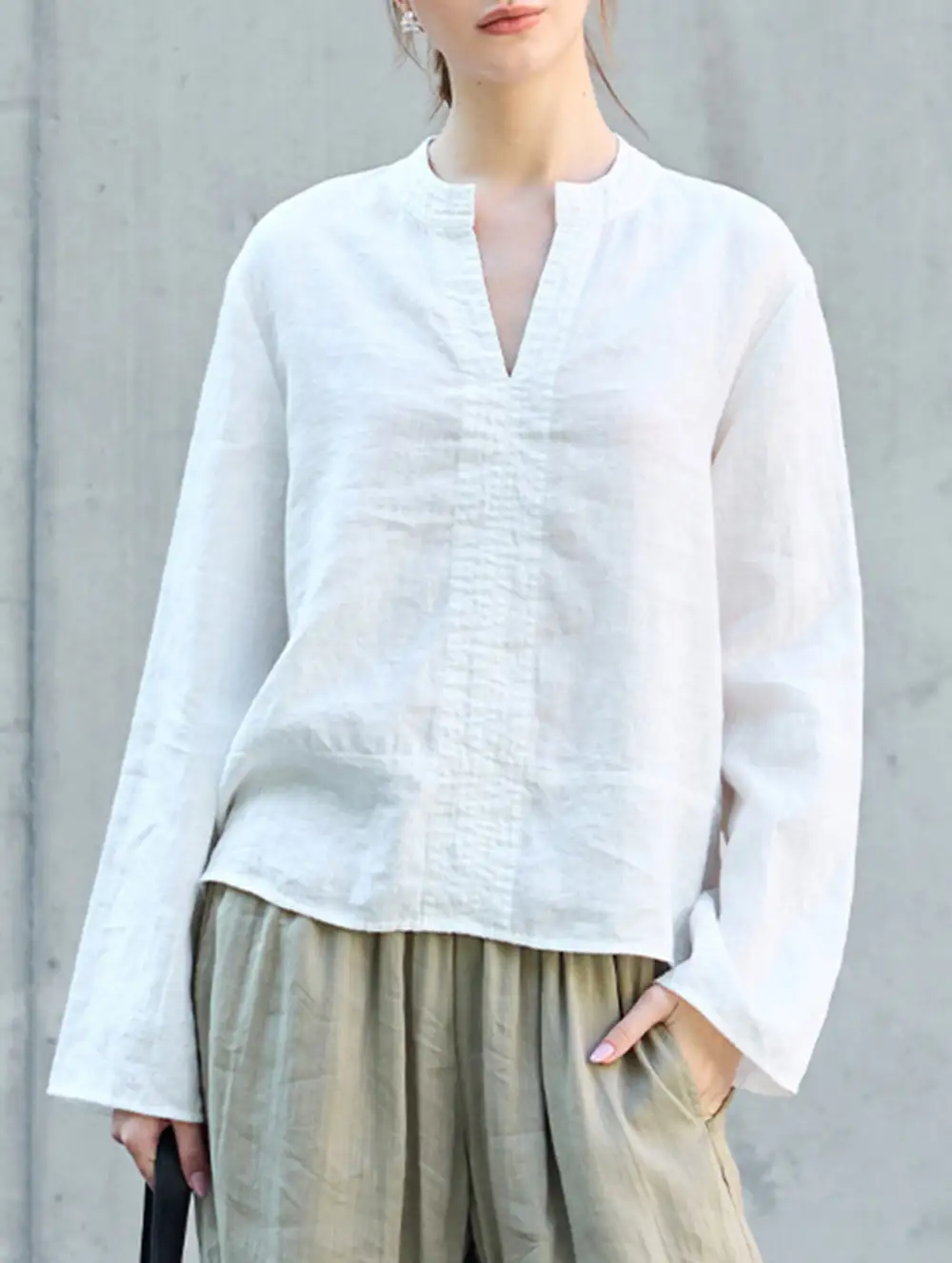 Pure Linen V Neck Long Sleeve Work Tee