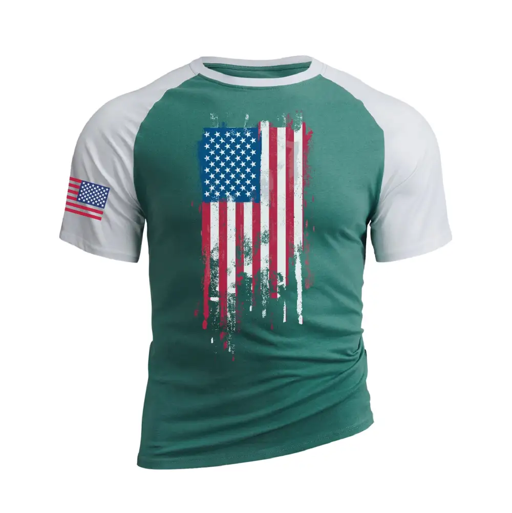 DISTRESSED USA FLAG 100% COTTON RAGLAN GRAPHIC TEE