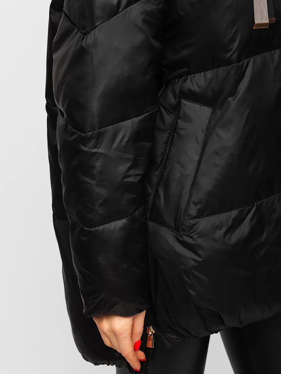 Women's Black Quilted Winter Jacket With Hood