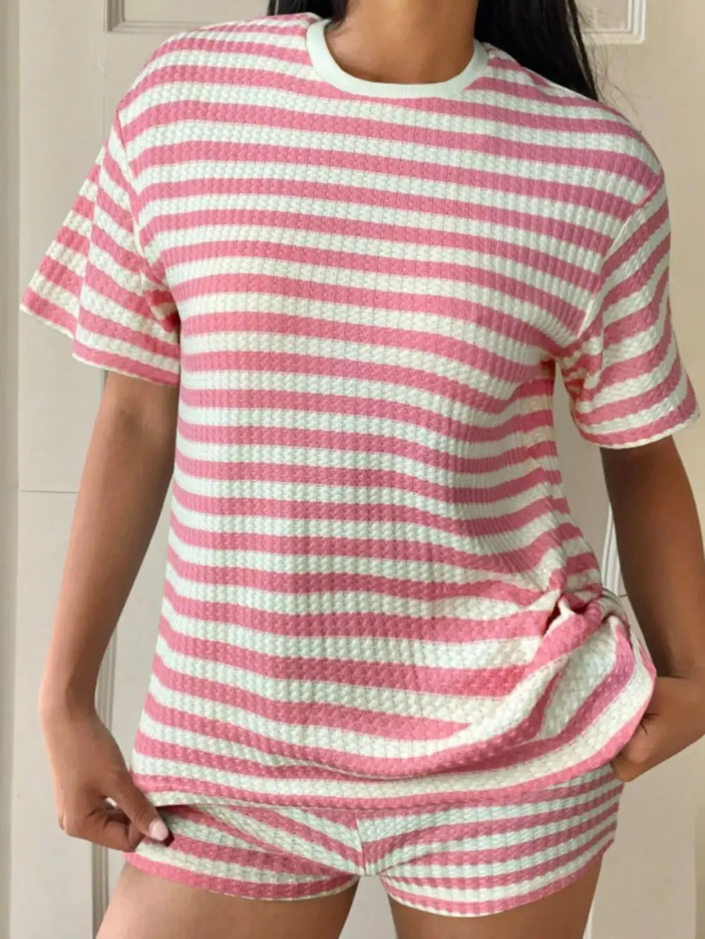 Easy Striped Round Neck Top and Shorts Set
