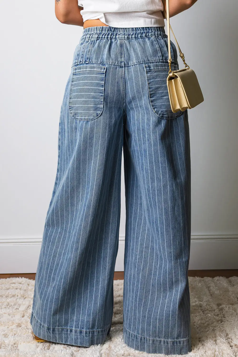 Striped Buttoned Pleated Drawstring Jeans