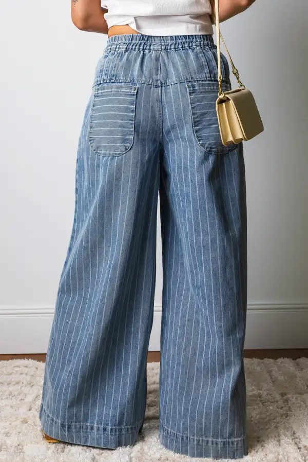 Striped Buttoned Pleated Drawstring Jeans