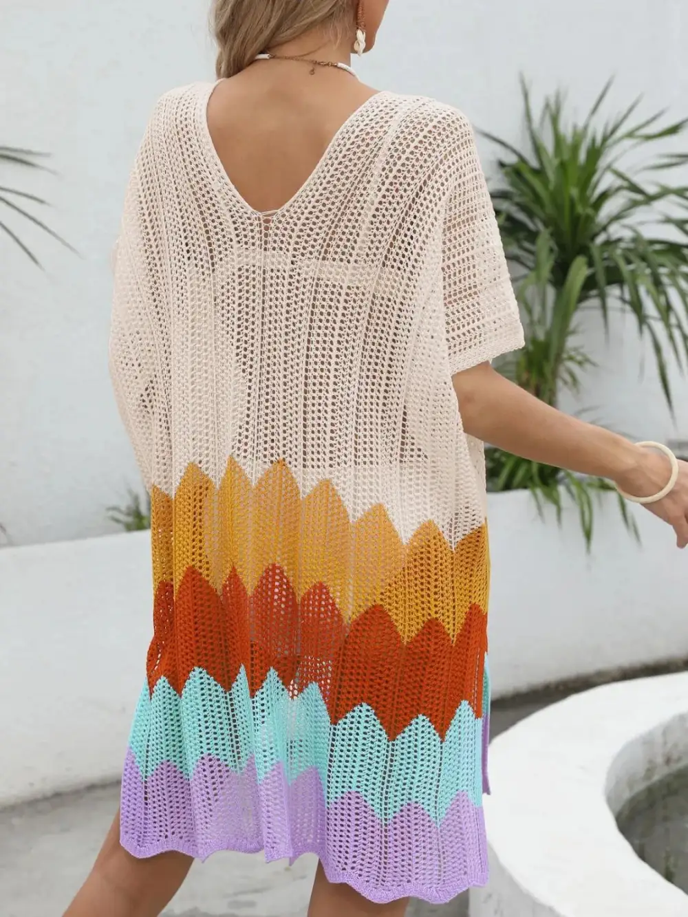 Openwork V Neck Short Sleeve Swim Cover Up