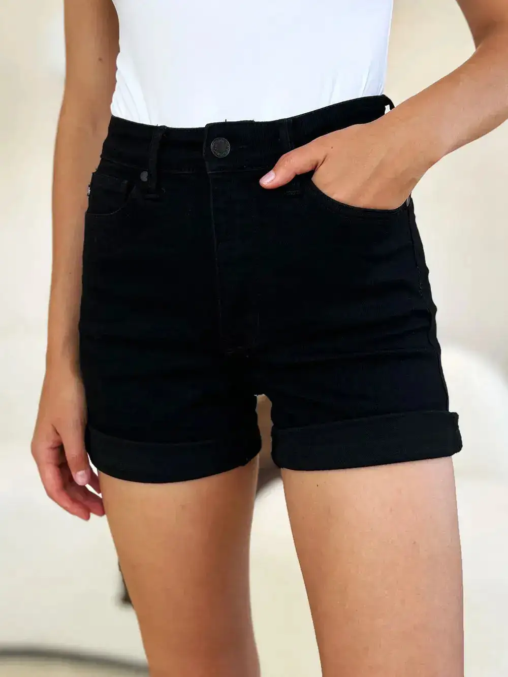 High-Waist Cotton Stretch Denim Shorts
