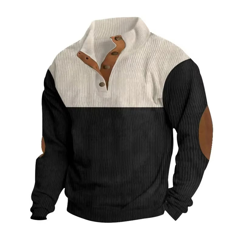 Men's Stand Collar Patchwork Corduroy Long-Sleeve Tee
