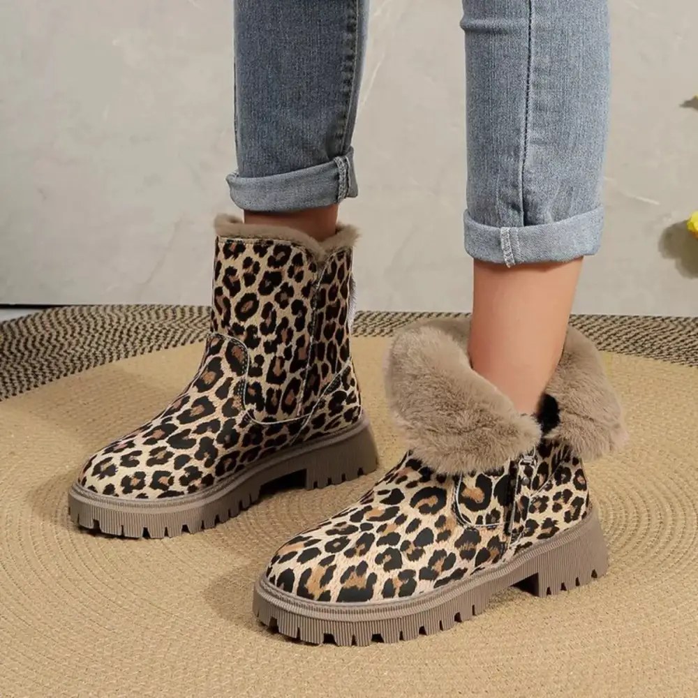Leopard Print Fur Lined Ankle Boots